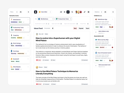 Mind Palace App / Explore Page community design feed filter flow media mind map notes pivot post search sidebar tags ui ux web website