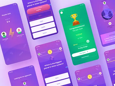 Quiz App UI achievement app design compete error inspiration kids leaderboard mcq mobile ui opponent progress bar quiz rival score card success timer track ui uidesign won