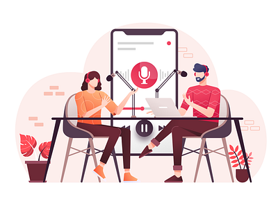 Podcast Illustration audio broadcast flat illustration illustration interview mic microphone podcast podcaster podcasting radio record shooting streaming studio talkshow voice