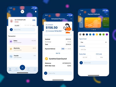 Sniip 3d app bank bill blue card check credit credit card dark design mobile money online pay payment service transaction ui ux