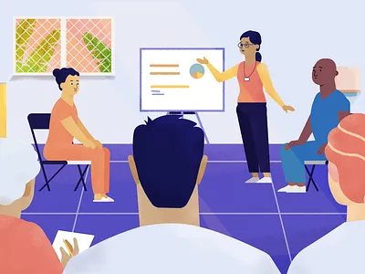 WHO styleframe blue character design characters doctor hospital illustration medical meeting nurse people photoshop plants presentation procreate woman yellow