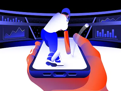 Hero Image for Sports Stock Exchange athlete branding cricket data dataviz design game graph graphic design hero image illustration illustrator iphone mobile phone perspective phone sports stadium ux vector