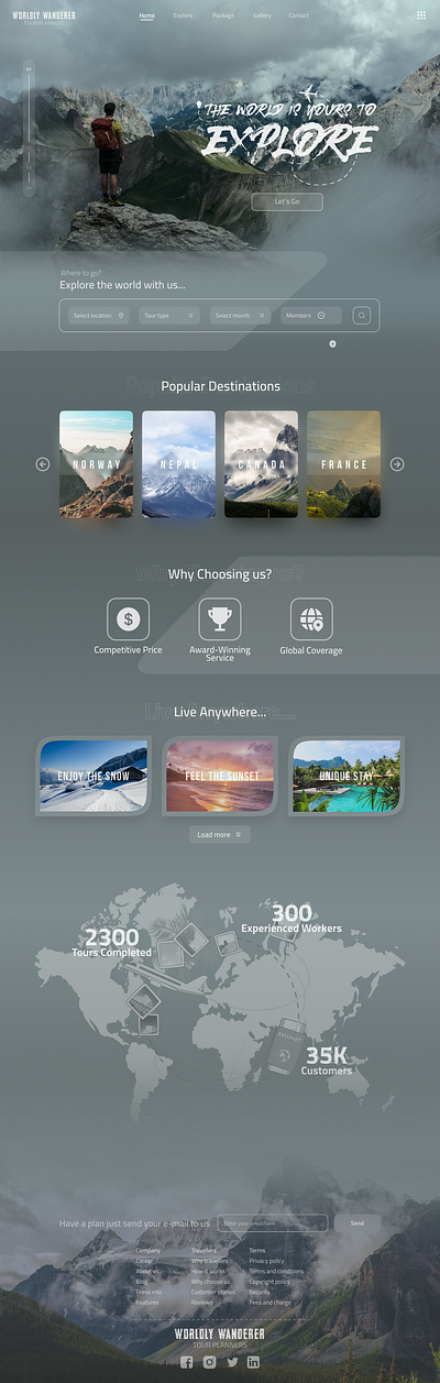 Worldly Wanderer Tour Planners Website Landing Page🏕️✈️ design dribbleshots ui uidesign uiux ux webdesign websitedesign