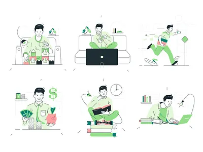 Nick Illustrations ✌️🍝💻 assembly book character colorful design finance flat hurry illustration kapustin late money outline play play station read resources set vector work