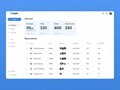 Duplin - File sharing app • Dashboard app dashboard file management file manager file service file sharing file storage file transfer file upload interface minimalistic product service share sharing ui ui design ux web web app