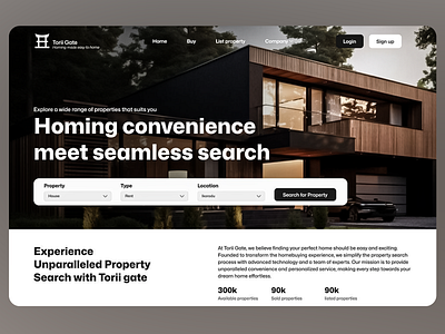 Torii Gate - Real Estate Landing Page clean layout dark theme home homebuying experience homing convenience housing interface location property list property search real estate agency real estate landing page real property realtor rent residence responsive design seeamless user experience user experience web