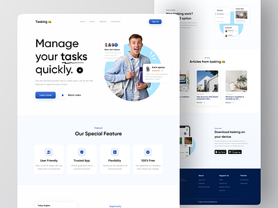 Tasking 👑 - Task manager website article blue download footer header landing landing page landing page design project management soft blue task task manager to do to do list web website website design