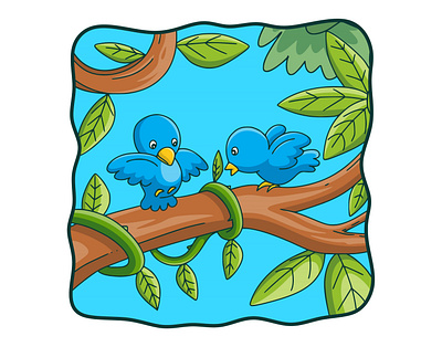 Cartoon illustration two birds are on a tree trunk white