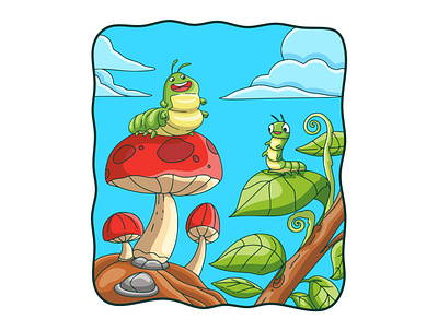 Cartoon illustration caterpillar on mushrooms and leaves life