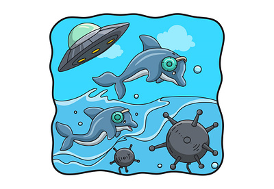 Cartoon illustration two dolphins and a flying saucer life