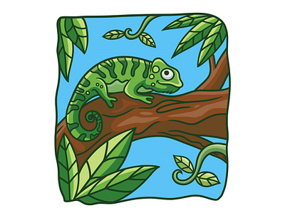 Cartoon illustration chameleon on a tree trunk icon