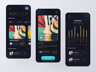 NFT Marketplace App app app design auction app bid bitcoin blockchain clean crypto cryptocurrency dark marketplace minimal mobile app nft nft app shop store ui ui design wallet