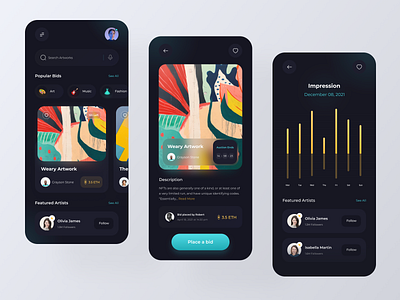 NFT Marketplace App app app design auction app bid bitcoin blockchain clean crypto cryptocurrency dark marketplace minimal mobile app nft nft app shop store ui ui design wallet