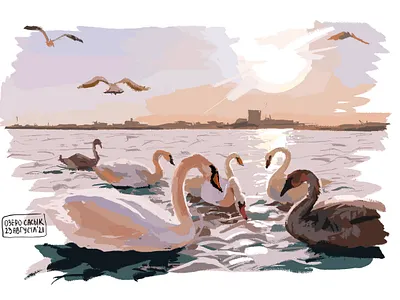 Evpatoria art digital digitalart digitally digitaloil illustration lake nature oil sketch swans