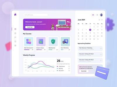 Educational Dashboard 3d analytics calendar chart course dashboard design education education platform gradient graph homepage learning learning app online education school statistics teaching ui ux