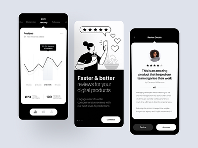 AI Reviews App - Black & White Concept ai black black white clean creative dashboard design ecommerce illustration minimal mobile mobile app mobile review product design reviews shape ui white wireframe