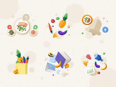 Nutrition illustrations 🍆 🥑 🍉 app balance banana book cheese design fish food illustration illustration 2d ios notification nutrition pineapple ui vector art water web illustration