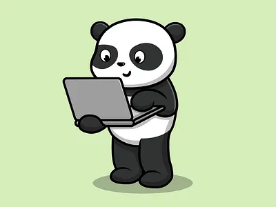 Cute Panda Working On Laptop animal cartoon character design flat illustration internet logo mammal mascot online panda pc vector