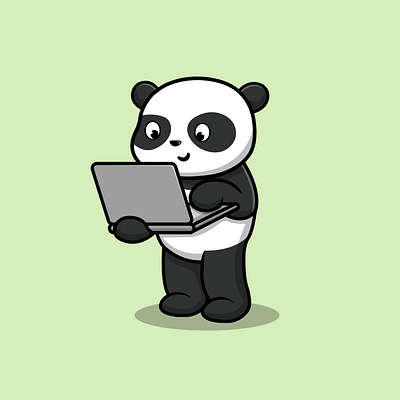 Cute Panda Working On Laptop animal cartoon character design flat illustration internet logo mammal mascot online panda pc vector