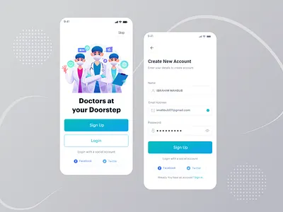 Doctors App Login & Create Account 3d app branding clean design doctor app doctor apps illustration minimal modern modern app ui ui ux