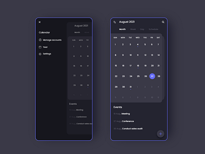 Daily UI Design Challenge | Day 35 | Calendar adobexd animation appdesign branding calendar calendar app dark theme dark ui design designsense graphic design illustration logo ui uiux ux