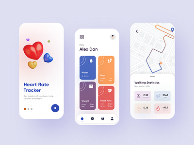 Fitness App 🏃‍♀️ app design fitness fitness app heart rate heartbeat illustration interaction mobile app running ui ui ux walking water intake yoga