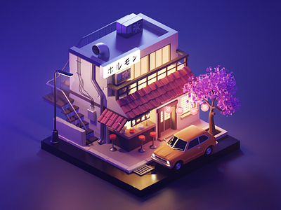 Tokyo 3d blender car city civic diorama honda illustration isometric lowpoly render tokyo