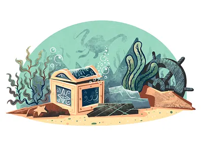Hidden Treasures (unused illustration for The Nessie) art artwork bubbles chest illustration illustrations illustrator illustrators loch ness monster plants procreate texture treasure underwater
