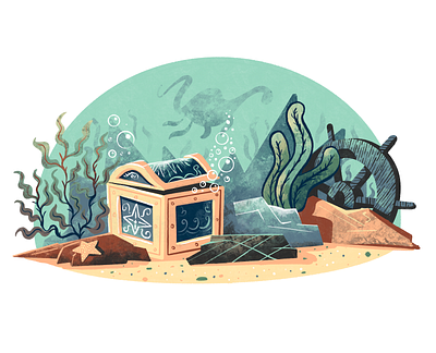 Hidden Treasures (unused illustration for The Nessie) art artwork bubbles chest illustration illustrations illustrator illustrators loch ness monster plants procreate texture treasure underwater