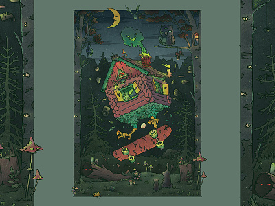 Skater Hut board character drawing fairytale folklore forest hut illustration night owl skate wood