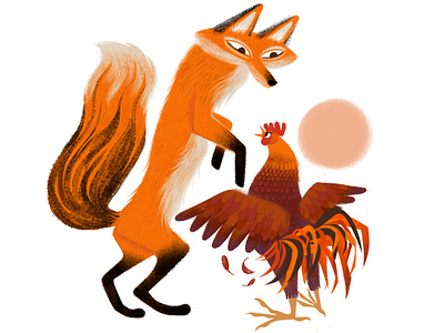 Fox and Rooster animal animalart animalcharacter animalillustration character design chicken childrens drawing fox illustration kidlit retro rooster texture vintage