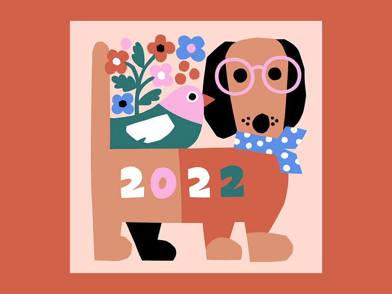 Calendar for 2022 animal illustration calendar 2022 calendar illustration colorful cover art cover illustration cute dog dog illustration flat color flat style friendly illustration leena kisonen nature illustration pastels sausage dog scandinavian