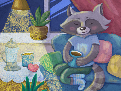 Raccoon has a Day off 2d art atmosphere blue character children concept cosy day off evening graphic design handmade look illustration lamp light raccoon sofa style tea yellow