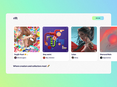 Rift Header art artist blockchain clean crypto cryptocurrency ether ethereum figma header marketplace minimal nft nfts social network ui ux website white