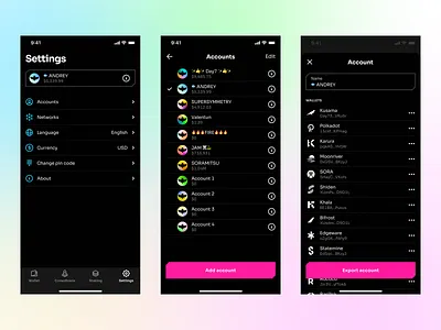 Accounts account app banking bitcoin blockchain crypto wallet defi ethereum finance fintech interface manage mobile mobile app design mobile ui profile ui ux