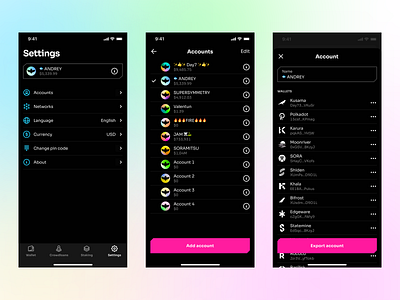 Accounts account app banking bitcoin blockchain crypto wallet defi ethereum finance fintech interface manage mobile mobile app design mobile ui profile ui ux