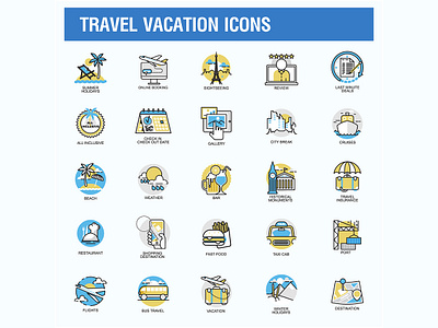 Travel Vacation Icons Vector Illustration beach flat flight holiday hotel map plane set summer tourism travel vacation