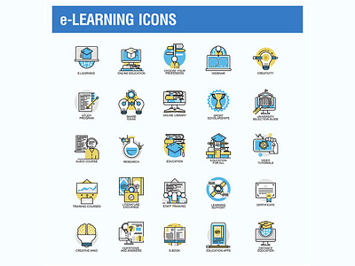 e-Learning Vector Illustration Icons art brain concept education elearning female icon line online set student teacher