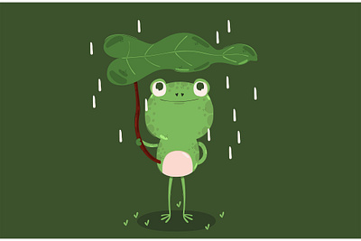 Frog Holding Leaf Rainy Day Illustration animal background cute day frog green illustration leaf rain vector