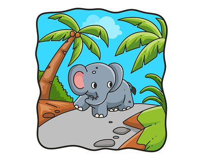 Cartoon illustration elephant walking in the forest smile