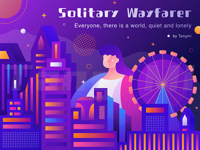 Solitary Wayfarer building city edifice ferris wheel illustration lonely quiet solitary traveler wayfarer world