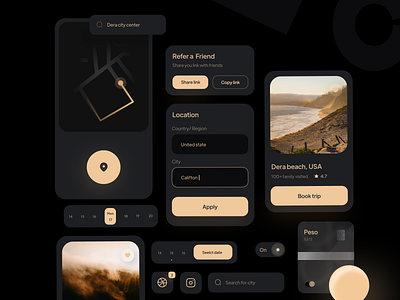 Travel UI Components ( Dark mode ) buttons checkbox component components dashboard design design system dropdown fields input kit minimal mobile navigation tabs travel ui uidesign uiux ux