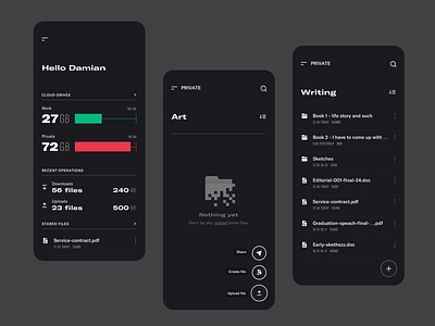 File manager - concept design brutal cloud concept design document empty state file folders list management app minimal mobile app online drive organise upload user interface