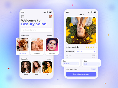 Beauty salon booking app app design beauty app booking clean ecommerce girls hair spa hair stylist haircut interface makeup minimal mobile app salon appointment app salon booking app services shedule skincare uiux user interface