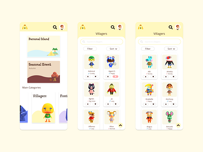 Animal Crossing App - Nookgle home screen, villagers screen ac acnh animal crossing animal crossing app animal crossing: new horizon animalcrossing animalcrossingapp app app design appdesign design home screen mobile app mobileapp ui ui design uidesign ux ux design uxdesign