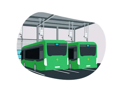 Bus garage with EV chargers 2d e mobility ev illustration illustrator