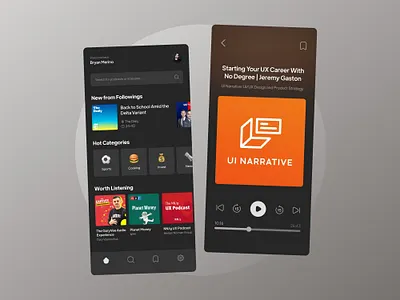 Podcast App UI apllication app app design dark dark mode flat minimal music player music player ui night mode player player ui podcast podcast app podcast application podcast player podcast ui ui uidesign