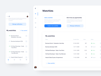 Headhunting App – Watchlists blye collapse desktop figma gilroy management mobile modern minimal navbar status ui