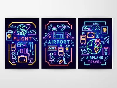 Airport Neon Posters air ticket airplane airport design electric flight fly flyer glow icon illustration lamp led neon plane poster terminal transport travel vector