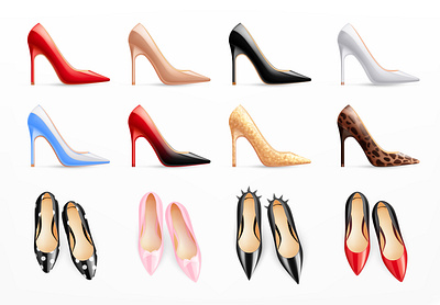 Classic modern women shoes set female footwear illustration realistic shoe shopping trendy vector